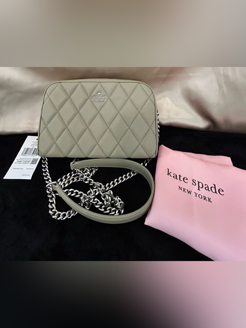 kate spade Quilted Crossbody Bag in Light Sage with Silver Chain